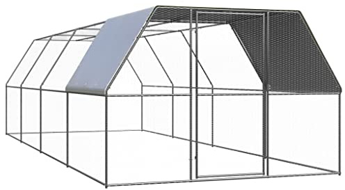 QUAHEAS Outdoor Chicken Cage Galvanised Steel 3 x 8 x 2 m with Waterproof Polyethylene Roof, Door with Lock, Spacious Enclosure for Chickens, Ducks, Small Animals, Aviary