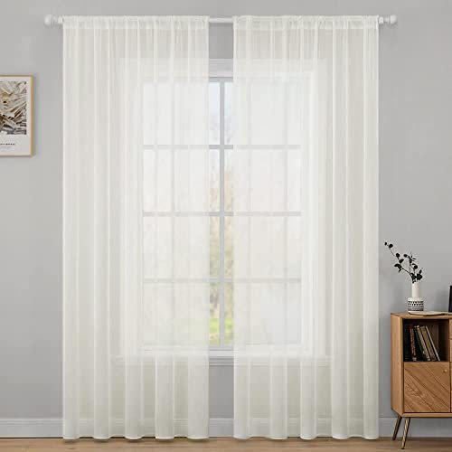 MIULEE 2er Set Voile Vorhang Transparente Gardine aus Voile Polyester Stangendurchzug Transparent Wohnzimmer Luftig Dekoschal für Schlafzimmer Elfenbein 225 x 140cm (H x B), Rod Pocket