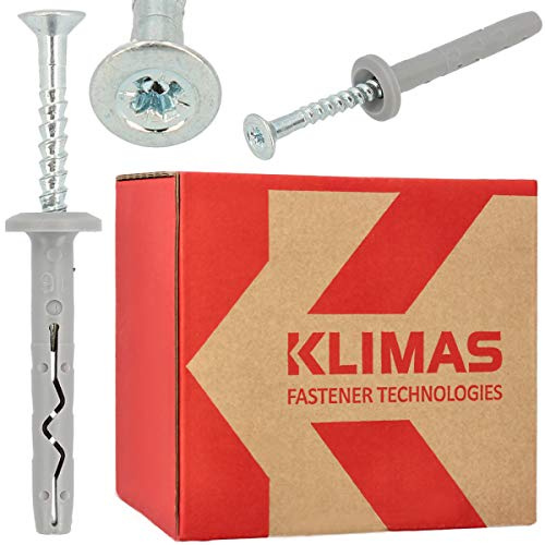 KLIMAS Schnellmontage Schlagdübel mit Kragen & Senkkopfschrauben 6,0 x 60 mm 200 Stück | Nageldübel Porenbeton Dübel Einschlagdübel Nagelanker Kunststoffdübel Langschaftdübel Set