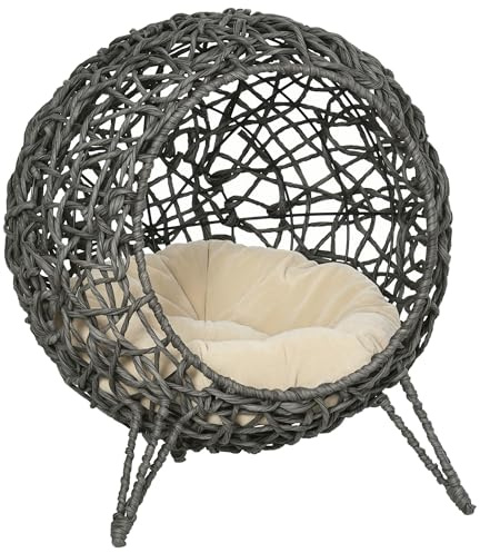 PawHut Rattan Elevated Cat Bed House Kitten Basket Ball Shaped Pet Furniture w/Removable Cushion - Silver-Tone and Grey
