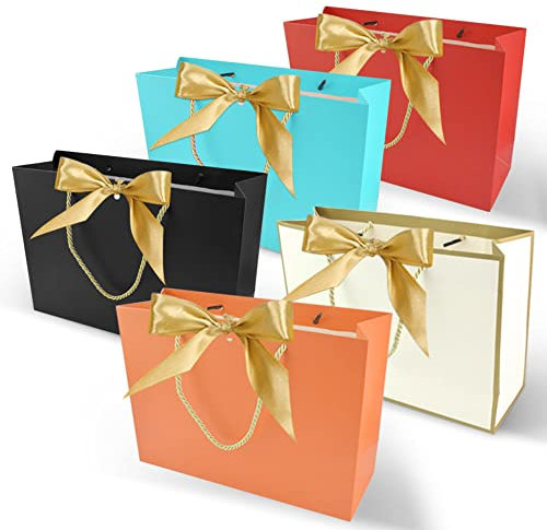 HAOMEEDUO 10 Stk Geschenktasche mit Schleife Papier Geschenktüten Elegant Geschenkbeutel Bogen 27.5*19.5*10cm Papiertüten mit Henkel Groß Papierbeutel 5 Farben Papiertaschen Bunt Partytüten für Party