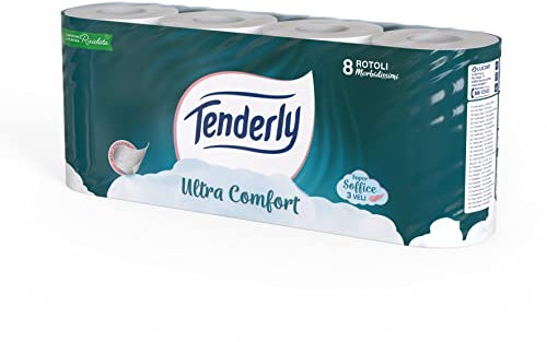 Tenderly Ultra Comfort, 8 rotoli di Carta Igienica Pura, 3 Veli, 200* Strappi per Rotolo, Delicata sulla Pelle, Dermatologicamente Testata