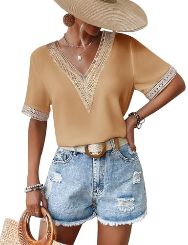 Yuson Girl blus damer v-ringad kortärmade blusar elegant sommarblus lediga toppar spetsar urholkning skjorta enfärgad muslin blus casual blus skjorta damer lätt och luftig, kaki, S