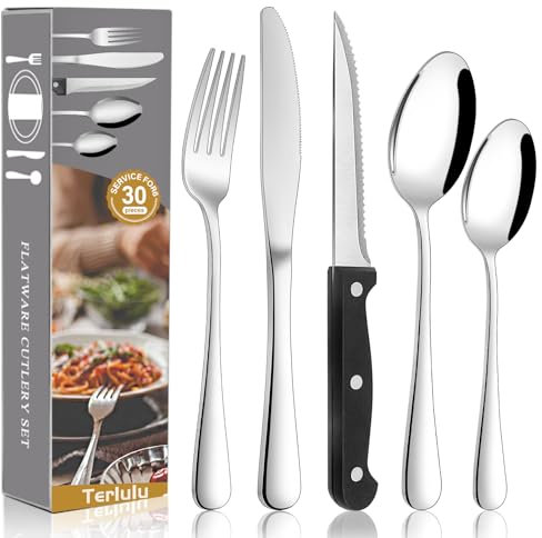 30 Piece Cutlery Set with Steak Knives, Stainless Steel Cutlery Flatware Set Service for 6, Tableware Silverware Set with Fork Knife Spoon for Home Restaurant, Mirror Polished & Dishwasher Safe