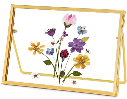REDHUGO Glass Pressed Flower Frame Handmade, Horizontal, Gold, 4×6 inches | Glass Floating Picture Frames Tabletop Brass Photo Frame for DIY Dried Flowers Home Plant Specimen, Rectangle Horizontal