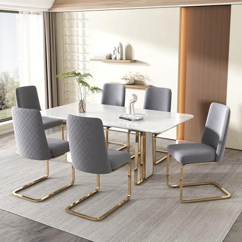 Merax Schwingstuhl 6er-Set, Samt Esszimmerstühle mit Metall-Stützbeinen, bequemer Freischwinger Stühle für Wohnzimmer, Schlafzimmer, Samt, Grau & Gold