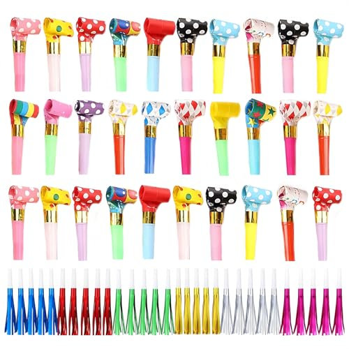 TICKLELY 60 Stück Party Krachmacher Partytröten Luftrüssel Musikalische Blowouts Geburtstagsfeier Pfeifen Partyzubehör Tröte für Geburtstag, Sportveranstaltungen, Neujahr, Weihnachten