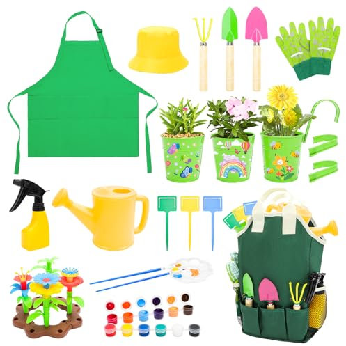 deAO Gartengeräte für Kinder, Kinder Outdoor DIY Gartenwerkzeug Spielset mit Gießkanne, Gartenschaufel, Sprühflasche, Rechen, Pflanzenetiketten, Handschuhe, Schürze für Kind 3 4 5 6 | Grün