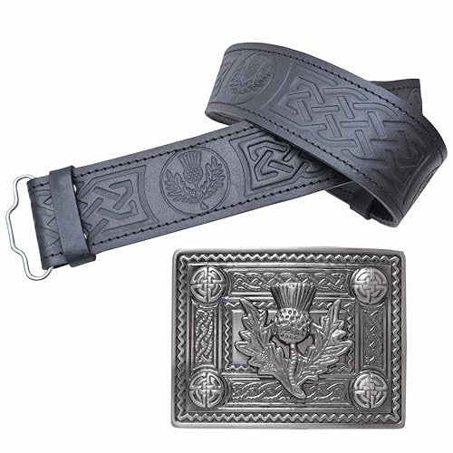 Leather Kilt Belt and Buckle Set, Scottish Thistle Embossed Belt with Silver Antique Celtic Knot Buckles Crafted Pewter – Kilt Belts For Men