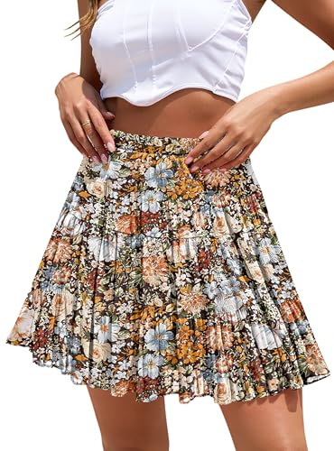 CYiNu Short Skirt for Women Summer Boho Flowy Chiffon Elastic High Waisted A Line Tiered Pleated Mini Skirt, Coffee Floral, XL