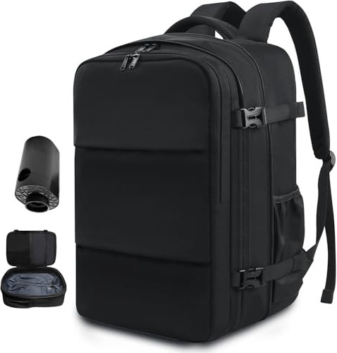 KINGSLONG Vakuum Reise Damen Rucksack: Handgepäck Flugzeug Reiserucksack 17.3 Zoll Laptop Bag Wasserdicht Backpack 33L Groß Tasche mit Pumpe Kabinenrucksack Business Travel Outdoor Herren Schwarz