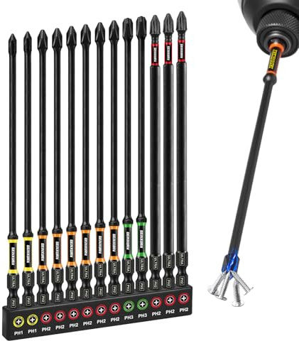 GEINXURN 13tlg. Kreuzschlitz Phillipes Schrauber Bit Set Schlagfester PH1 PH2 PH3 150mm Länge, 1/4 zoll Sechskantschaft S2 Legierter Stahl Magnetische Schrauberbitsatz, Ultra Farbcode