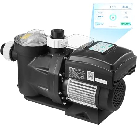 VEVOR Bomba para Piscina 2200 W de Velocidad Variable 1150 a 3600 rpm, Bomba de Filtración para Piscina, Caudal Máximo de 43.000 L/h, CA 220-240 V, Altura Máxima de Descarga de 18 m con Temporizador