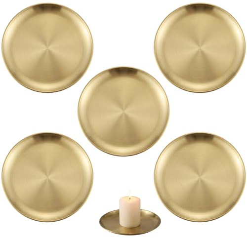 5pcs Candle Holders for Pillar Candles,Gold Candle Plate Set for Home Decor and Wedding Displays, Decorative Candle Trays with Furniture, Organise Small Items with Golden Accents