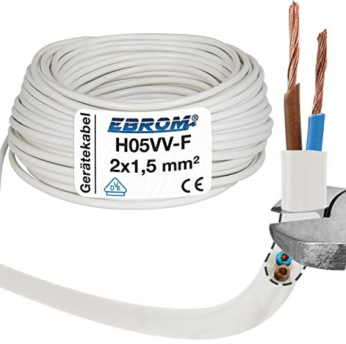 EBROM Câble plastique rond H05VV-F 2 x 1,5 mm², câble d'alimentation et d'appareil, blanc, longueurs de 5 à 200 mètres