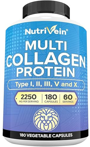 Nutrivein Premium Multi Collagen Pills 2250 mg - 180 Easy-to-Swallow Collagen Capsules: Type I, II, III, V, X Hydrolyzed Protein Peptides for Women and Men - Aging, Joints, Hair, Skin, Bones, & Nails