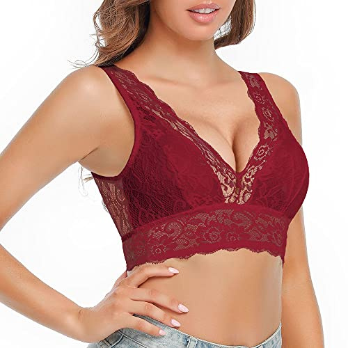 SHEKINI Spetsbehå damer utan bygel bralette spets bustier med avtagbar vadderad V-ringad sexig crop top spets underkläder kvinnor, Röd, 6023EU, S