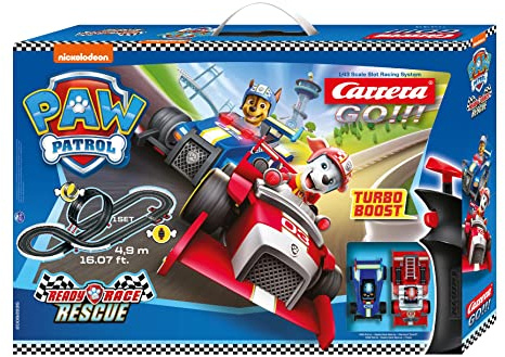 Carrera 20062535UK PAW Patrol Ready Race Rescue - GO!!! Slot Racing Track With UK Plug, For Children From 6 Years And Adults,1:43 Scale, 4.9 Metres, With PAW Patrol - Chase & Marshall