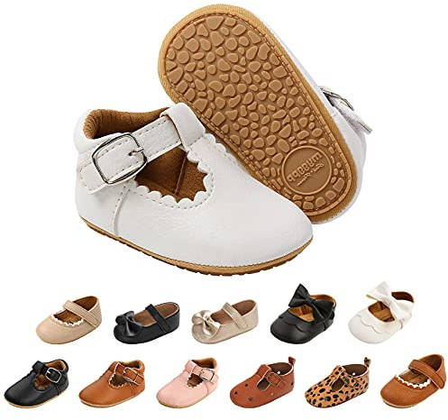 Baby Girls First Walking Shoes Mary Jane PU Leather Anti-Slip Princess Shoes Infant Baby Shoes 12-18 Months,D White