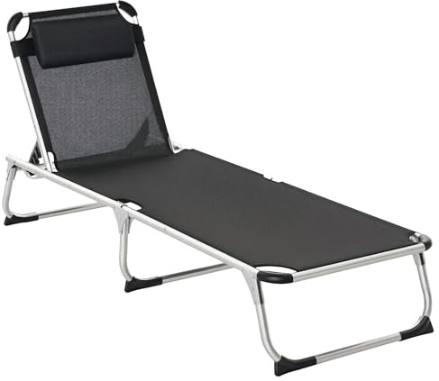 Outsunny Bain de Soleil Chaise Longue Pliante avec appuie-tête, transat inclinable en Aluminium et textilène, transat Jardin extérieur pour Plage Relax Camping Piscine terrasse, 165x60x76cm, Noir