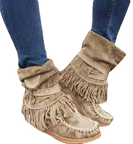 Onsoyours Bottes Courtes Rétro pour Femmes Vintage Fashion Casual Chaussures Plates Bottes d'automne et d'hiver Bout Rond à Franges Pompon Shoes Bottes A Kaki 38 EU