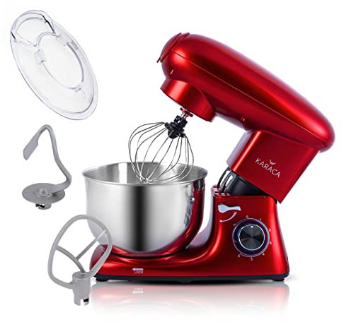 KARACA Multichef Kitchen Machine, Electric Stand Mixer Red 1400W, 6 Speed Dough Machine with Whisk, Dough Hook, Splash Guard, Schlager, Hand Mixer, Food Processor, Household Stand Mixers, Cake Mixer