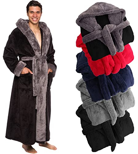Ross Michaels Mens Luxury Robe Hooded Big and Tall - Long Plush Fleece Bath Robe with Hood and Pockets- Gift Men and Teens