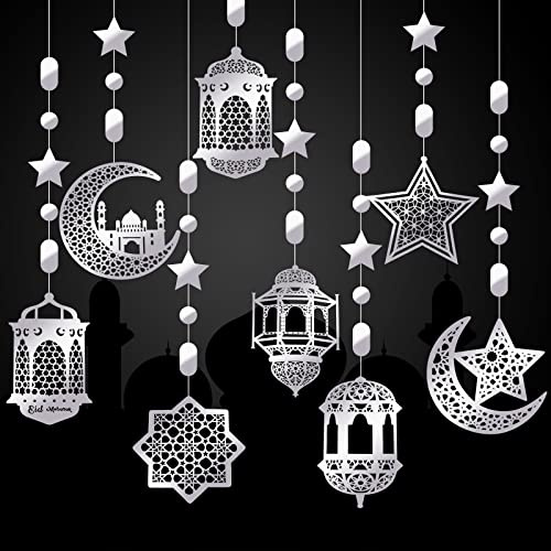 Zonon Kit di 24 Decorazioni Ramadan Murali Sfondo di Stelle Filanti Lanterne Lunari Ghirlande Ramadan Striscioni Eid Mubarak Decorazione Islamica da Appendere Brillanti per Casa Nozze (Argento)