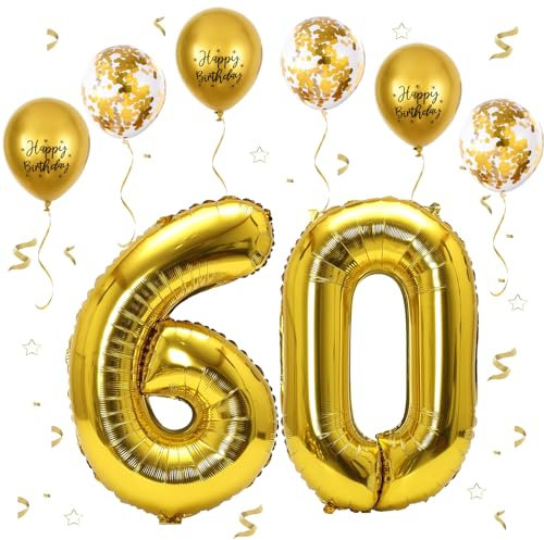 Foil Palloncini Numeri 60 Oro, VUCDXOP 101 CM Palloncino Numero 60, Grande Pallone Numero 60 Numeri Gonfiabili Compleanno Palloncino 60 Anni Festa Compleanno - Vola con l'Elio