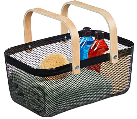 Relaxdays Drahtkorb mit Henkel, eckig, Aufbewahrungskorb Metall & Holz, Utensilienkorb Küche, Bad, Wohnzimmer, schwarz