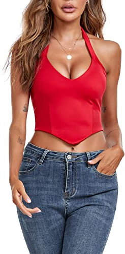 EVELIFE Damen Crop Top Sexy V-Ausschnitt Neckholder ärmellos Tank Top Weste Bustier Top (Rot,S)
