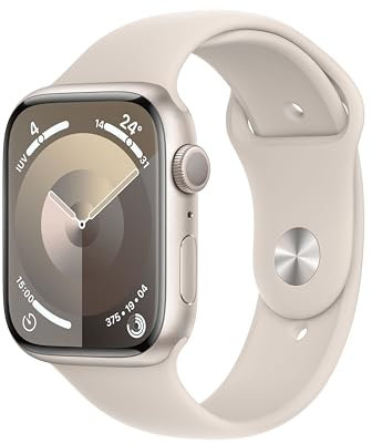 Apple Watch Series 9 [GPS] Smartwatch con Caja de Aluminio en Blanco Estrella de 45 mm y Correa Deportiva Blanco Estrella - Talla S/M. Monitor de entreno, App Oxígeno en Sangre, Resistencia al Agua