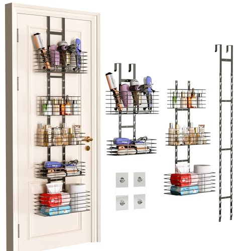 Yuyetuyo 5-Tier Over The Door Organizer Bathroom - Hair Dryer Holder - Hair Tool Organizer Adjustable Height, DIY Bathroom Storage Shelf Wall Mounted for Flat/Curling Irons, Straighteners, Skincare