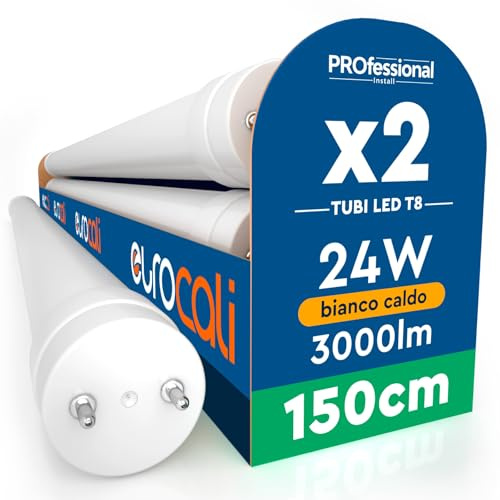 Eurocali 2 Tubi LED 24W 150cm T8 G13 SMD con Starter 3000 Lumen Garanzia 3 Anni - Luce Calda 3000K - Alta Luminosità 125 lm/W - Materiale Nano Plastic Sostituzione Neon per Soffitto Garage Negozio