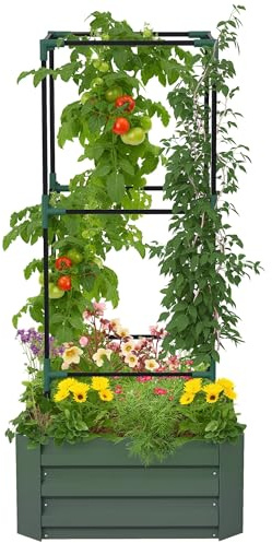 Outsunny upphöjd odlingsbädd med klätterstöd för klätterväxter, blomlåda med öppen bas, grönsaksrabatt, planteringsbädd, örtbädd för trädgård, balkong, galvaniserat stål, grön, 61 x 61 x 140 cm
