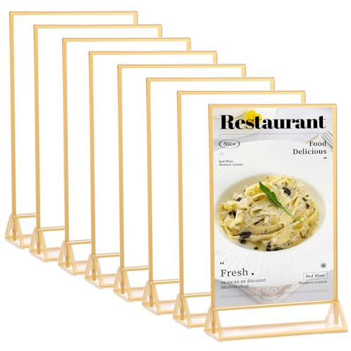LDXDRU Lot de 8 présentoirs de table A6 dorés en acrylique - Cadre photo double face doré - Porte-cartes de table en acrylique pour numéros de table de mariage, menus, brochures