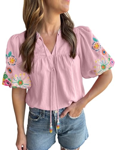 Ecosunny Women's Boho Embroidered Tops V Neck Floral Short Puff Sleeve Casual Shirts Loose Tunic Summer Blouses Fashion 2026 A-pink