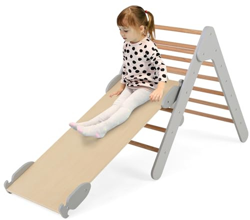 GOPLUS Triángulo de Escalada con Tobogán Montessori Rampa de Escalada de Madera Reversible para Niños Pequeños de 1 Año + Área de Juego para Habitación Infantil Carga 50KG(Gris)