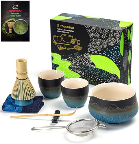 TEANAGOO Matcha Set Matcha Whisk Matcha Bowl with Pouring Spout Scoop Matcha Whisk Holder Tea Making Kit. Japanese Tea Set (7pcs) + 2Cups(5.6oz),S33,Gradient Navy Black,Color Box Packing…