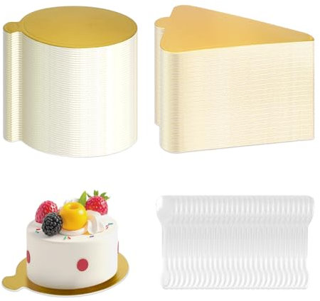 200 Pcs Mini Gold Cake Board with 100 Spoons, Food-Graded Cake Boards Dessert Display Tray, Mousse Cardboard Cake Base Paper Cupcake Paper Plates for Wedding, Birthday, Party Supplies(Round, Triangle)