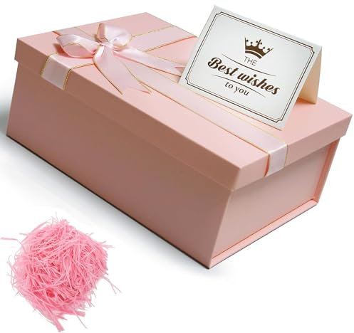 Geschenkbox mit Deckel, 22,5×16×8,5cm / 8,8×6,2×3,3in Rosa Geschenkverpackungskasten, Großer Geschenkbox Mit Schleife, Geschenkverpackungskasten mit Grußkarten, Schleife, Rosa