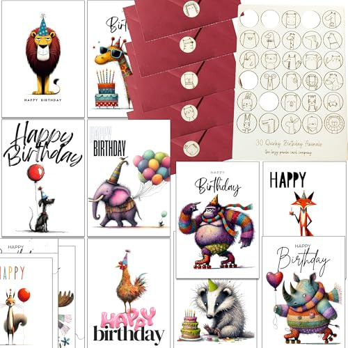 30 Bright Quirky Animals Birthday Cards with Envelopes and Wooden Seals