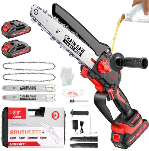 UBeesize Mini Chainsaw Cordless 8inch | Longer Runtime | Brushless Motor | Ergonomic Handle Design | Easy to Install | Professional Battery Chainsaw Perfect for Tree Trimming,Wood Cutting, Garden Work
