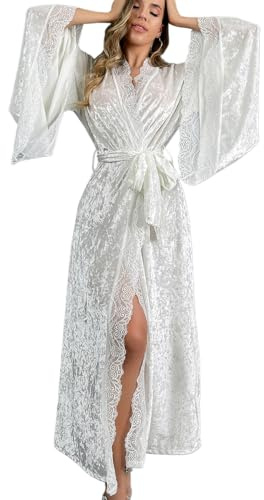 WADAYUYU Women’s Long White Velvet Robe with Lace Trim – Flannel Bridal Robe Kimono Sleeve Bathrobe, Elegant Dressing Gown Sleepwear for Bride Getting Ready, Wedding & Lounge S (Fits S-M)
