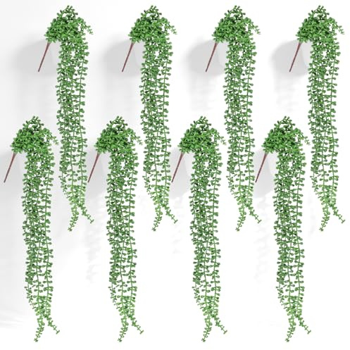 AOZUO 8 Pcs Artificial Succulents Hanging Plants, 27.6 Inch Fake String of Pearls Greenery Plants Fake Succulents Vines for Wall Home Backdrop Garden Indoor Outdoor Decor