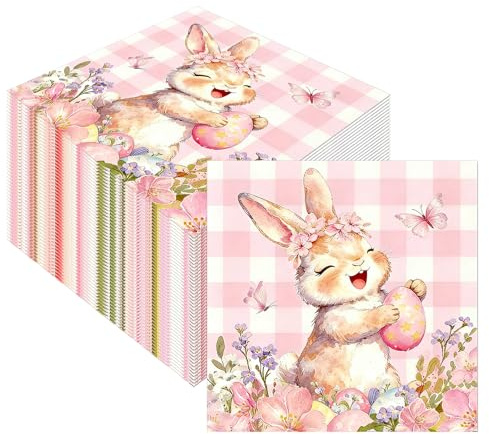 Pwsap 60 Servilletas de Pascua, Conejo Huevos Floral Búfalo Servilletas de Cóctel Desechables, Primavera Pascua Servilletas Decorativas de Papel para Brunch Primavera Celebraciones Fiesta de Jardín