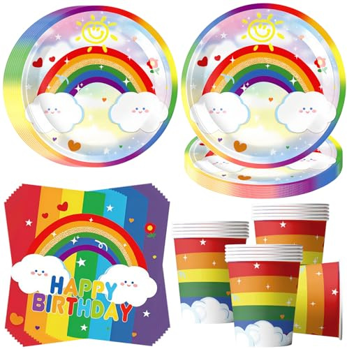 Cheukka Vajilla de fiesta arcoíris para 16 invitados, juego de 52 piezas de platos para cumpleaños, juego de vajilla de papel con temática de arcoíris y cumpleaños para niños, platos, servilletas y