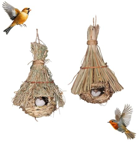 JOYWU 2 Pcs Hanging Bird Nest House for Outside,25 x 15cm Natural Grass Hand Woven Hummingbird Houses with Hemp Rope and 2 Fake Birds,Hanging Teardrop Bird Huts for Garden Window Patio Lawn