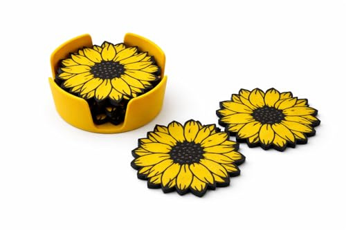 Sunflower Coasters with Holder Set, Floral Drink Coasters for Tables, Decorative Summer Coasters for Coffee Table, Kitchen, Patio, Bar Cart, Bright Yellow Flower Coaster Set