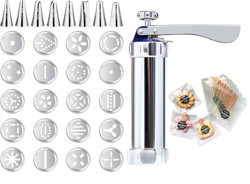 Abiyou Pressa per Biscotti, Biscotti Professionale Pistola con 8 Ugelli e 20 Stencil, Siringhe per Pasticceria, Pressa per Pasticceria Invia 100 Sacchetto per Biscotti, Pressa Biscotti, per Fare Torte